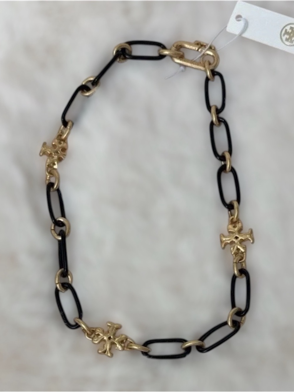 Tory Burch Black Gold Oval Link Chain Necklace Metal Hook Closure